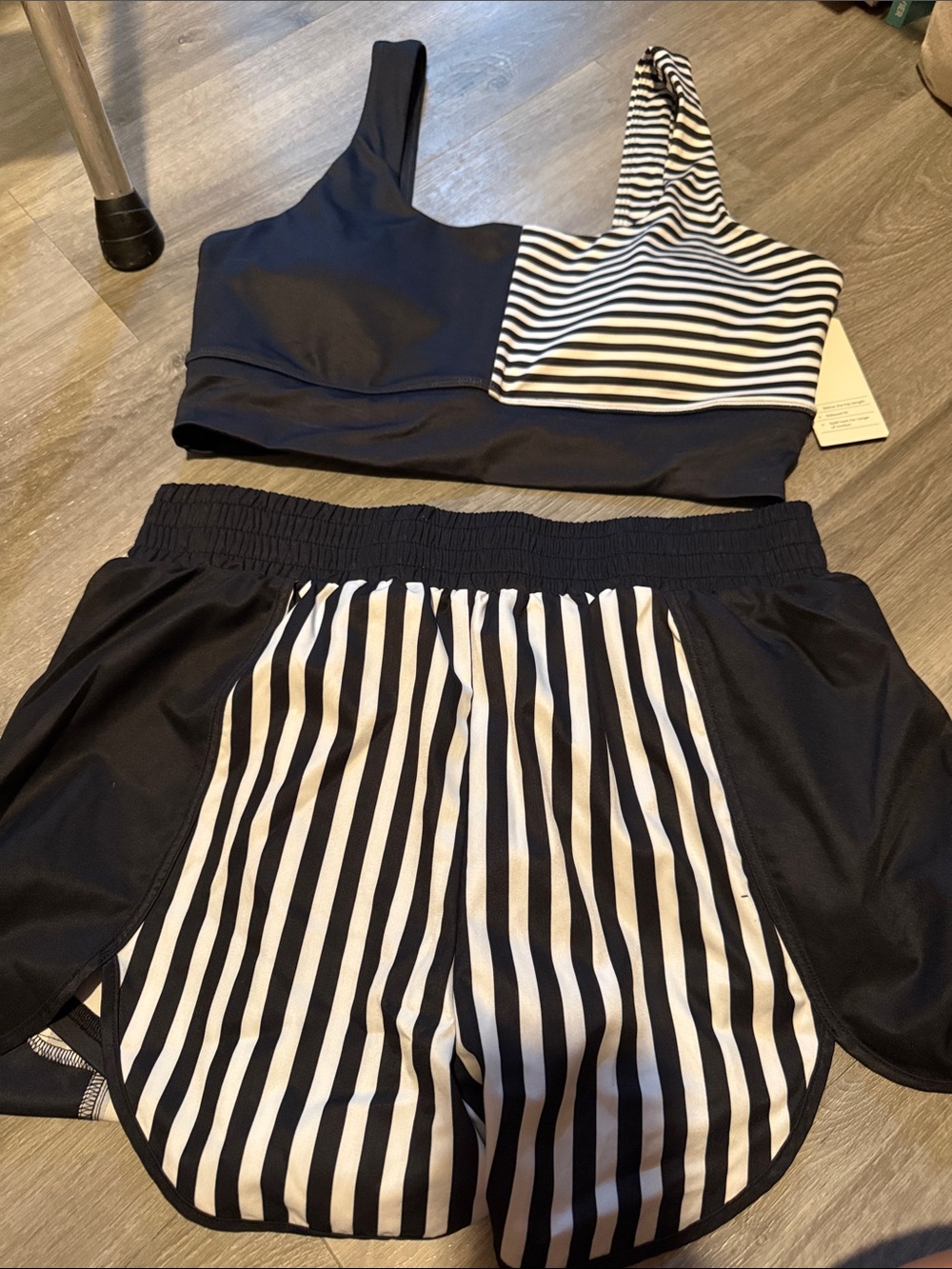 Women’s Black & White Striped Active Shorts with Matching Sports Top